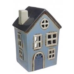 Light Blue Ceramic Pottery House Tealight Holder 15cm